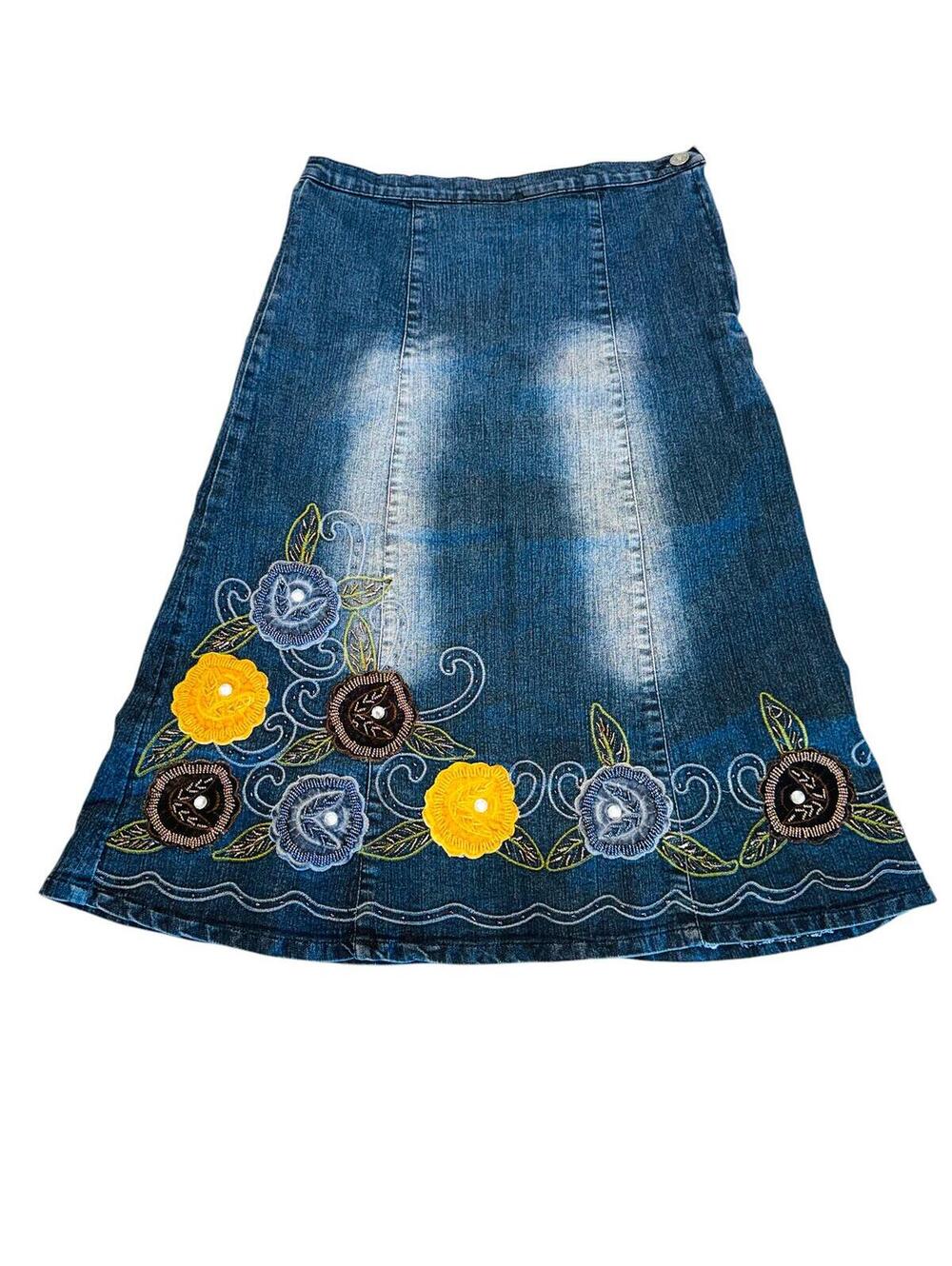 Y2K embroidered denim midi skirt